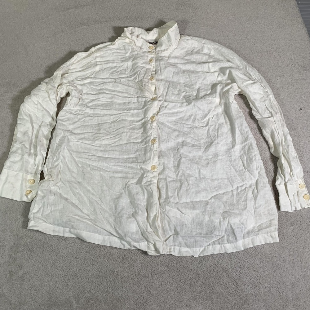 FLAX Shirt Womens Large White Linen Button Front Collared Tunic Top Long Sleeve
